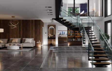 Luxury Modern House Interior With Corner Sofa, Bookshelf And Staircase