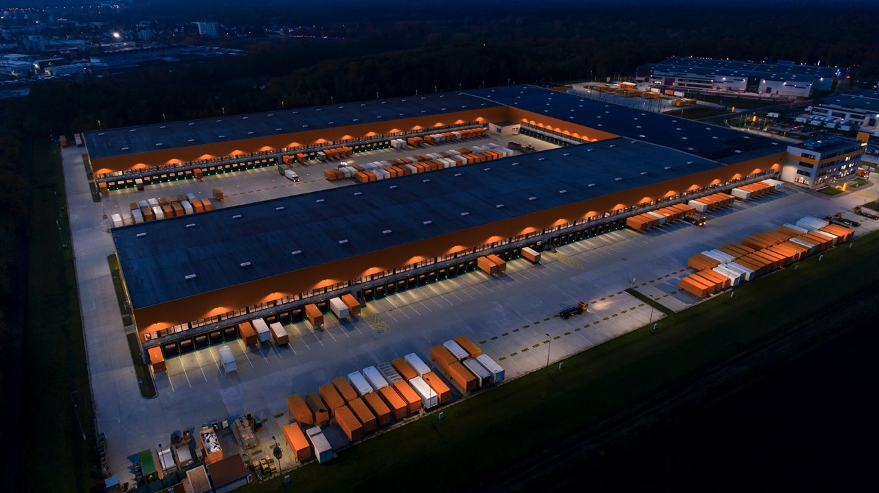 Large distribution hub, trucks and trailers